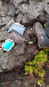 swag bag and trackables bag on the rocks outside beside a geocache.