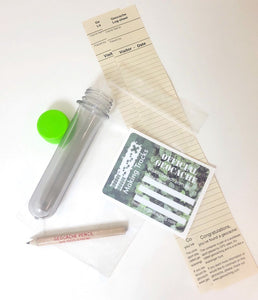 Soda bottle tube cache kit with preform tube, Making Tracks Geocache sticker, pencil, 4x6 poly bag, and Rite in the Rain logsheets