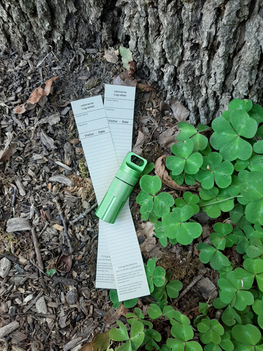 Green cache on top of two rite-in-the-rain logsheets