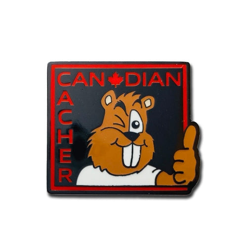 Beaver Dude giving the thumbs up on a black background that says Canadian Cacher around the edge in red writing