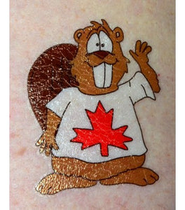 How the temporary tattoo looks on someone's skin.  It is a cartoon beaver, waving, wearing a T-shirt with a maple leaf on it.