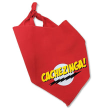 Red dog bandana that says "Cachezinga" in yellow letters with a white circle behind it and a jagged black underline
