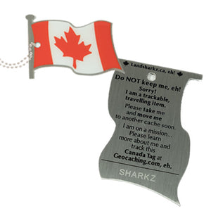 Both sides of the Canada Flag tag.  One is the Canadian Flag waving.  The other has writing asking the finder not to keep it, as well as space for a trackable code.