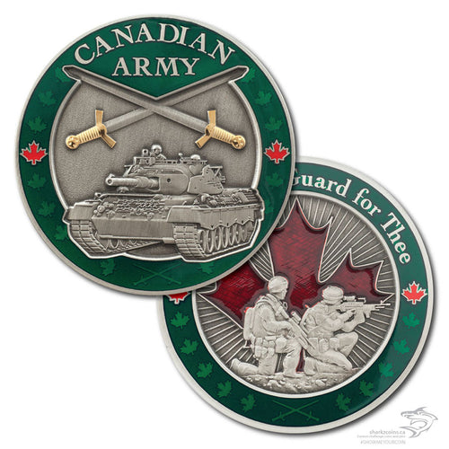 Both sides of the Canadian Army coin.  The front is a 3D tank with swords crossed over the top and a green border with 2 red maple leaves on the sides.  The back features two 3D soldiers in front of a red maple leaf with a green border and two red maple leaves on either side.