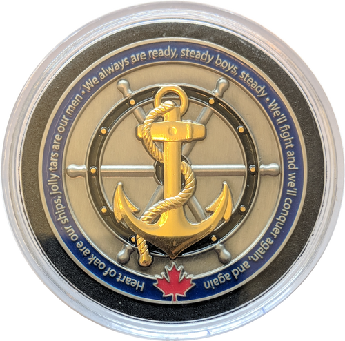 Navy coin displayed in an acrylic case