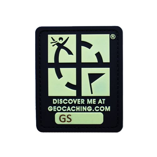 Black and glow in the dark green geocaching patch with trackable code 