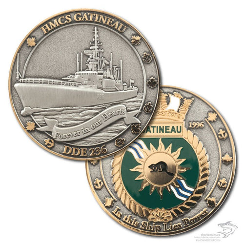 Both sides of the HMCS Gatineau coin pictured.  The front has the ship pictured in 3D antique silver with polished gold anchors and maple leaves around the border.  On the back is the ship's crest in polished gold.