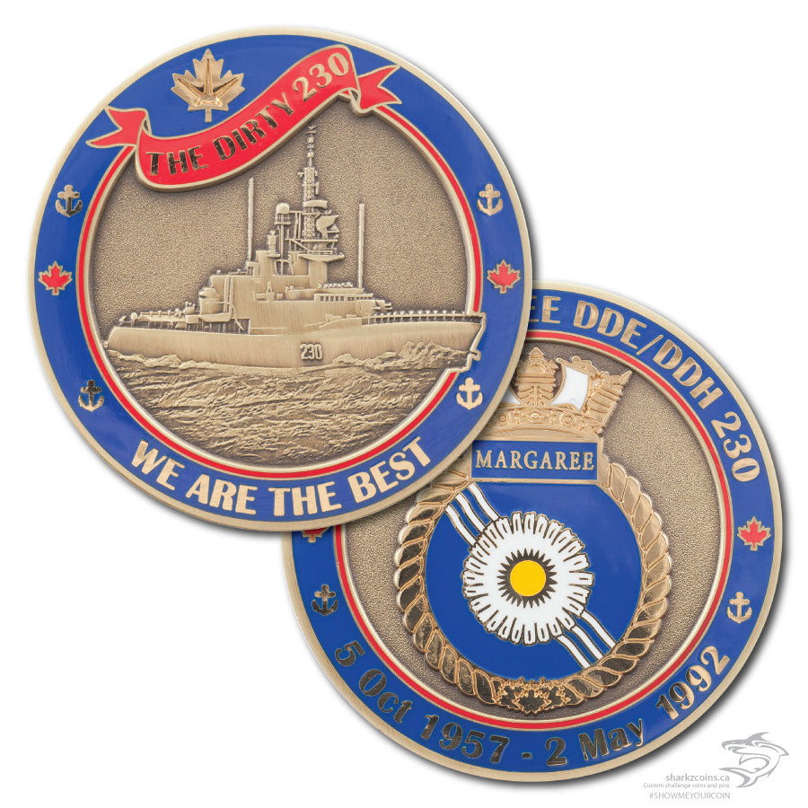 Both sides of the HMCS Margaree pictured.  One side has a 3D picture of the ship in antique bronze with a blue and red border.  The opposite has the ships crest in polished gold with the same blue and red border.