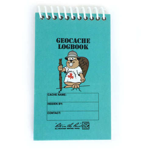 Turquoise spiral bound Geocache Logbook with Canadian Cacher Beaver Dude cartoon on the front
