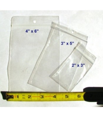 3 sizes of clear Ziploc bags shown.  The Medium one is in the middle at 3 inches by 5 inches