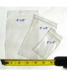 3 sizes of clear Ziploc bags shown.  The Medium one is in the middle at 3 inches by 5 inches