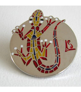 Polished nickel pin with mosaic gecko in red and yellow paint