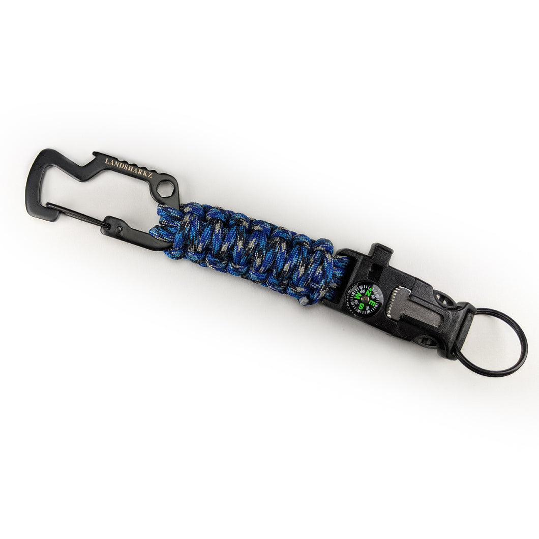 Blue patterned paracord keychain with black attachments