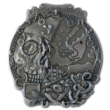 The opposite side of the Pirates of Buccaneer Bay coin, featuring a treasure map, a skull wearing a pirate hat, a treasure chest, a pirate ship and crossed swords over octopus tentacles 