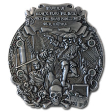One side of 3D Pirates of Buccaneer Bay coin, featuring a pirate holding a pistol, one with a sword, a treasure chest, skull and crossbones and octopus tentacles on top of rigging and sails