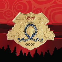 Photo displaying the RCMP 150th Challenge coin back on the official RCMP 150th background. The back of the coin is shaped, and the image is displayed in satin gold with coloured accents