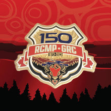Photo displaying the RCMP 150th Challenge coin front on the official RCMP 150th background. The front of the coin is shaped, and the image is displayed in satin gold with coloured accents