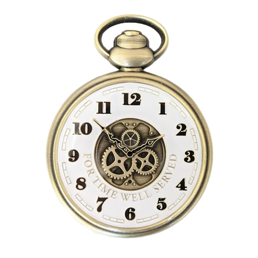 The front of the Retirement Pocket Watch Coin, displaying the gears under the watch hands, surrounded by the numbers on a clock face.  The face is white and the gears are antique bronze