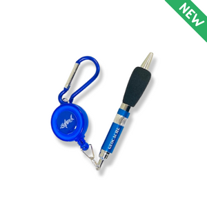 This tool is small enough to fit in your hand, here we have a TOTT must have. We have a blue retractable pen pictured in this image. Attached the pen is a carabiner. There is also an attachment with the Landsharkz logo that also acts as a clip.