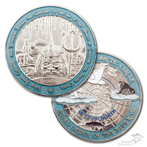 Both sides of the Royal Order of the Bluenose coin are pictured.  One has King Neptune pictured, poking his face out of the water, holding his trident.  There are three polar bears behind him and icicles above, as well as an area for engraving.  The other features pictures of a polar bear walking on an ice flow, a walrus, a beluga whale and a narwhale.  Both sides are surrounded by an ice blue border. 