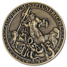 3D Antique Bronze Trusty Shellback coin with King Neptune, mermaids, an octopus and a ship.
