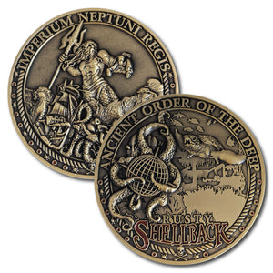 Antique Bronze trusty shellback crossing the line 3D coin depicting underwater scenes of a sea turtle, a ship, an octopus and King Neptune with his trident.
