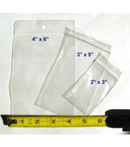 Three sizes of zip bags, these are the smallest at 2 inches by 3 inches.