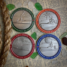 All four of the MacKenzie Class destroyer ships coins displaying the opposing side of the coin with the ships displayed