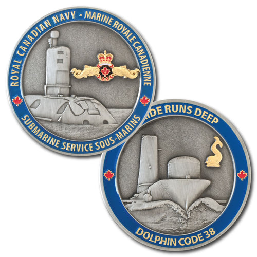 The front and back of the Royal Canadian Navy Submarine coin, with a picture of a 3D submarine on the front and back in antique silver with a blue border