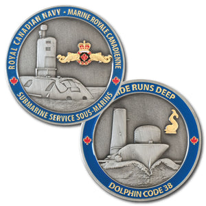 The front and back of the Royal Canadian Navy Submarine coin, with a picture of a 3D submarine on the front and back in antique silver with a blue border