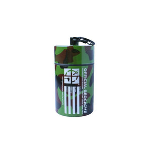 Dark Camo Small Cylinder cache. This cache is brown, black and dark green. There is an area on the cache container that can be filled out with cache details. 