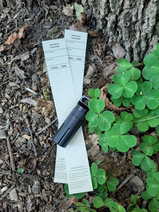 Black geocache on top of two rite-in-the-rain logsheets