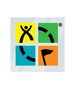 Square geocaching logo window cling in four quadrants, yellow, green, blue and orange.