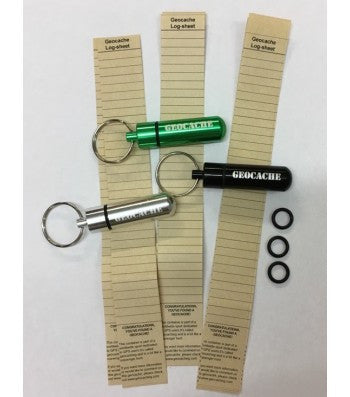 Green, Silver and black micro geocaches with spare rubber gaskets and 6 waterproof log sheets. 