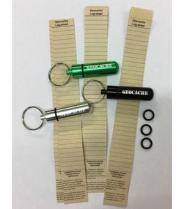 Green, Silver and black micro geocaches with spare rubber gaskets and 6 waterproof log sheets. 