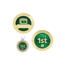 Milestone geocoin in gold with green paint for your 1st find.  Front and back pictured, as well as the matching tag.