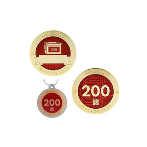 Milestone geocoin in gold with red paint for your 200th find.  Front and back pictured, as well as the matching tag.
