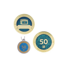 Milestone geocoin in gold with blue paint for your 50th find.  Front and back pictured, as well as the matching tag.