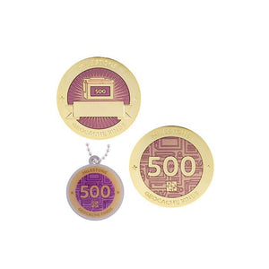 Milestone geocoin in gold with pink paint for your 500th find.  Front and back pictured, as well as the matching tag.