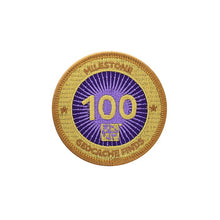 Gold patch with a purple background for 100 finds