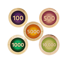 Five milestone pins pictured, all polished gold, for amounts of 100, 500, 1000, 5000 and 10000
