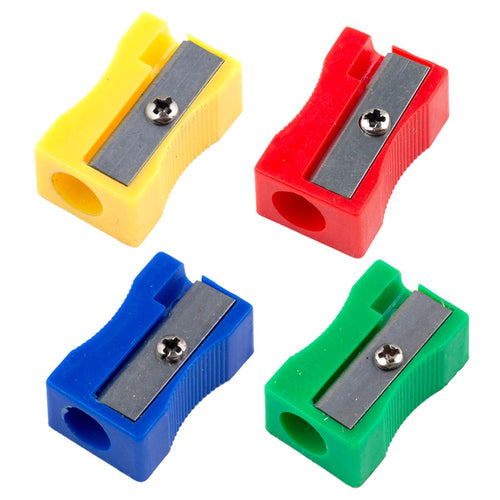 Four single pencil sharpeners in yellow, red, blue and green