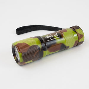 Camouflage print flashlight with the Sharkz logo with the light off