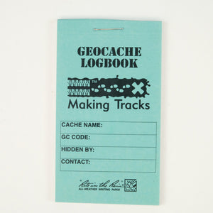 Making Tracks Geocache Logbook in light blue, with spaces for Cache information on the front cover