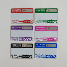 6 Making Tracks Trackable tags in Red, Green, Purple, Pink, Black and Blue