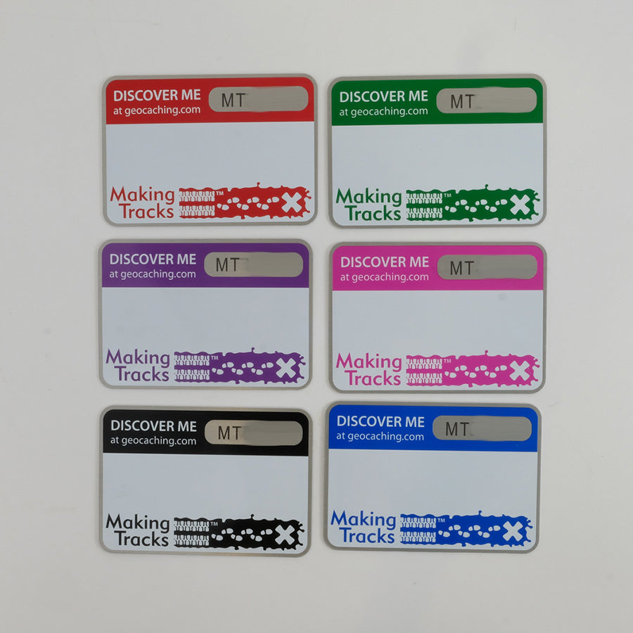 6 Making Tracks Trackable tags in Red, Green, Purple, Pink, Black and Blue