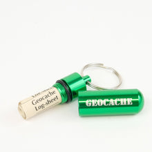Green micro cache with logsheets rolled up inside them