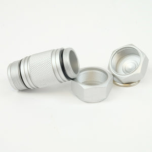 Silver mighty-mini aluminum cache completely open