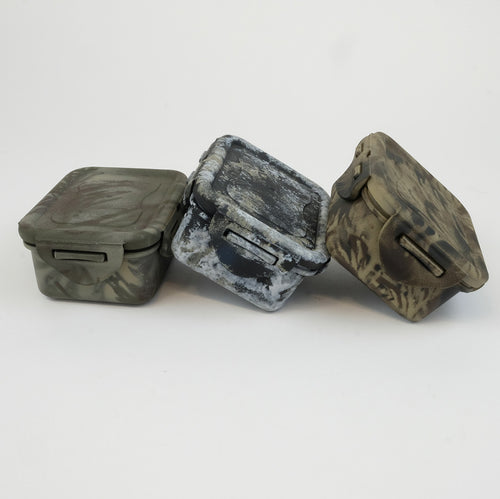 Small Camouflaged containers in woodland, stone and khaki 