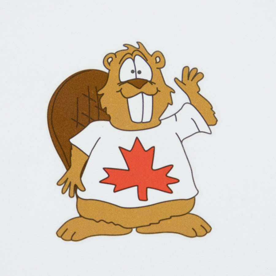 Picture of the temporary tattoo.  It is a cartoon beaver waving, wearing a T-shirt with a maple leaf on it.